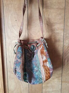 Vintage Sereta Patchwork Leather Bucket Bag Boho Multicolor Shoulder Purse